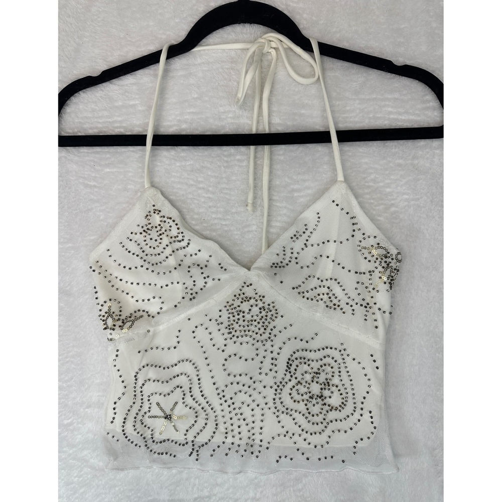 La Peche Halter Top Women XS White Beaded Sequin Mesh Floral V-Neck